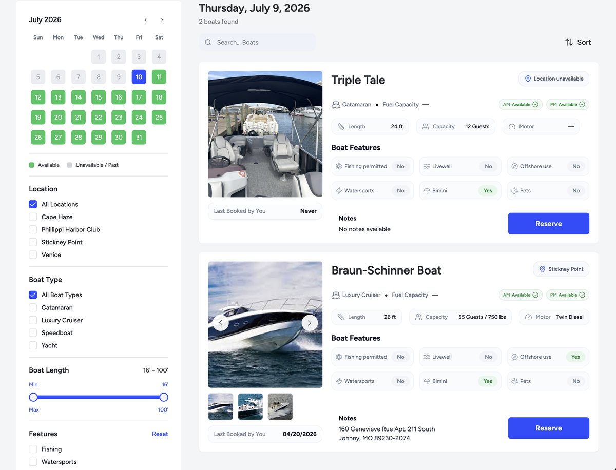 Members browse and reserve boats themselves